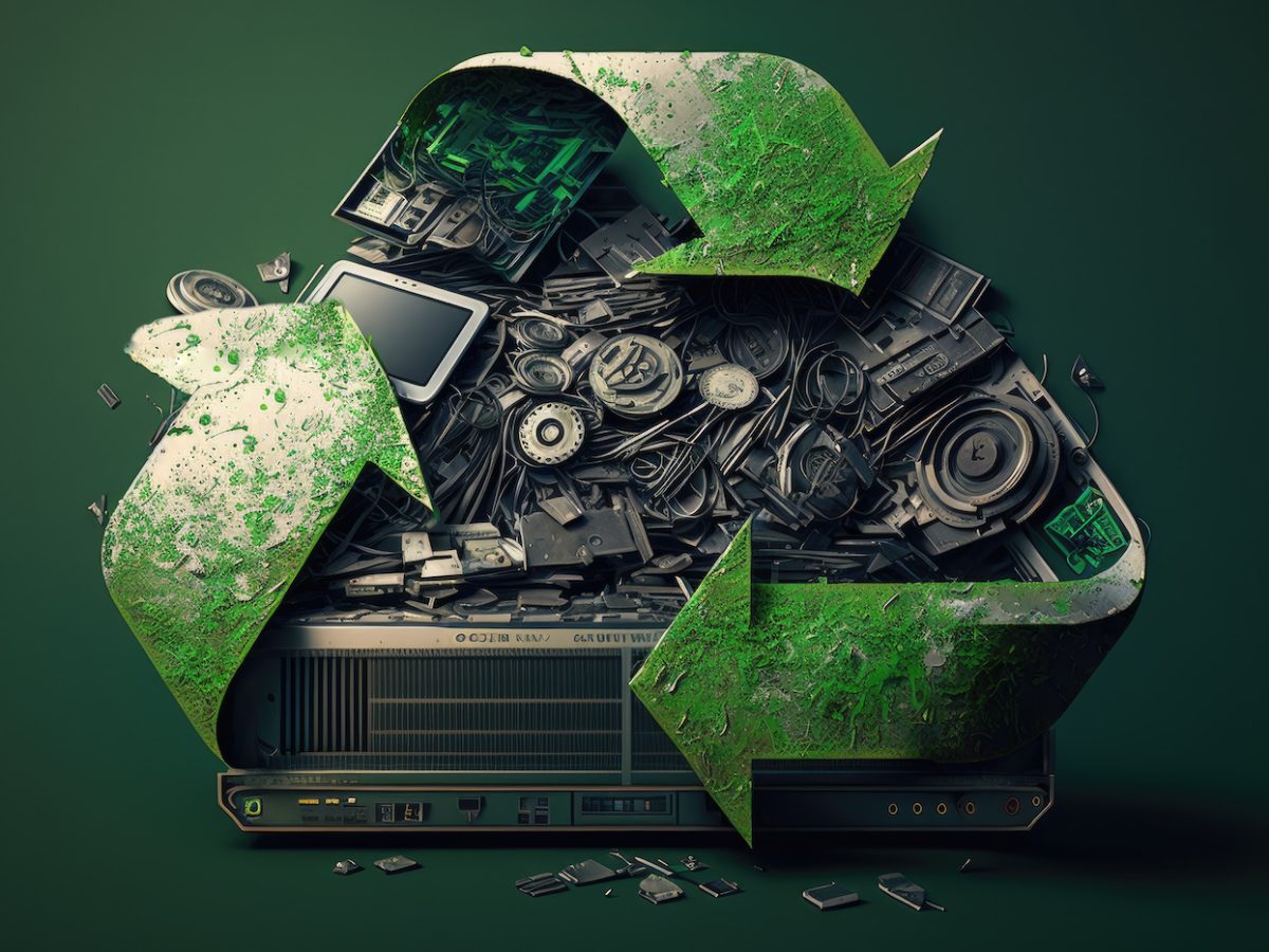 Green technology recycling center with machines sorting electronic waste, generative ai